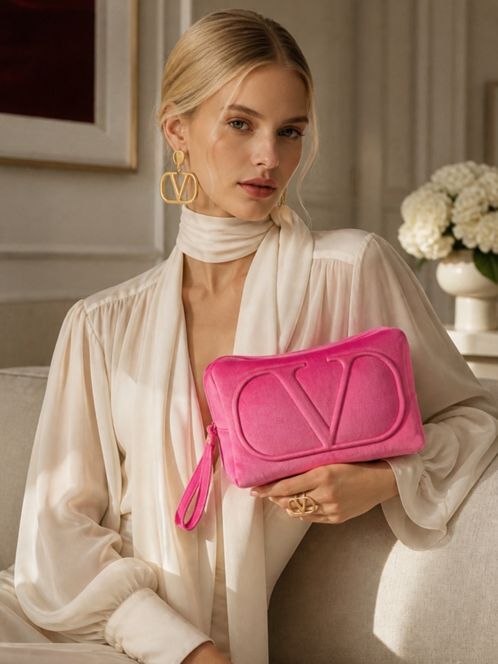 Valentino Pink Velvet Oversized Zippered Case